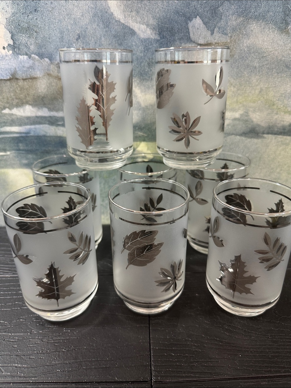 Vintage MCM 1960,s Libbey Frosted Silver Leaf 4.5 Inch Tumbler -Set of 8